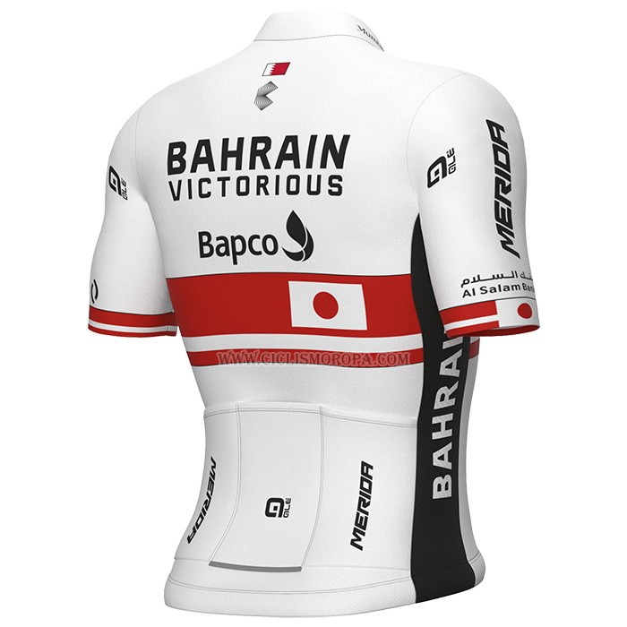 2023 Ropa Ciclismo Japanese Campeon Bahrain Victorious Blanco Rojo Mangas Cortas y Culotte Corto